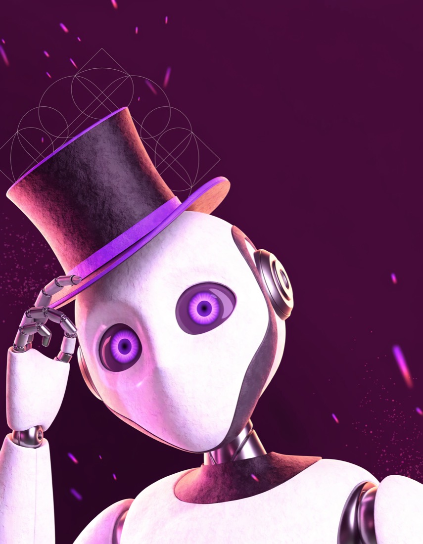 The Houdini wizard-bot tipping its hat — taking a bow